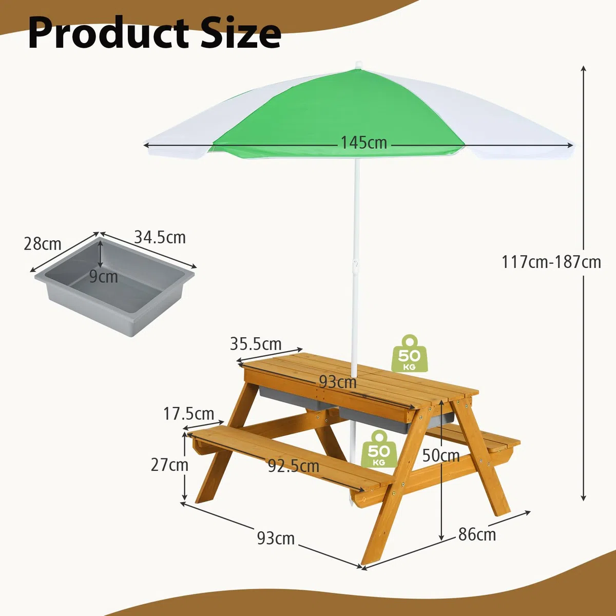 SOARS 3-in-1 Set Tavolo Picnic per Bambini, con Ombrellone Regolabile e 2 Vaschette da Gioco, Panche per Bambini in Legno di Abete, Giochi Esterno da Giardino e Parco, 187 cm (Verde + Giallo)