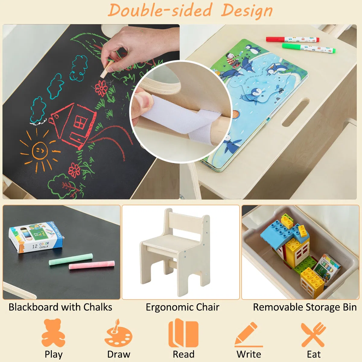 HOMASIS 6 in 1 Tenda per Bambini da Interno, Tenda Gioco con Tavolo e Sedia per Bambini, Casa da Gioco con Tappetino, Lavagna, Scatola Portagiochi (1 Scatola)