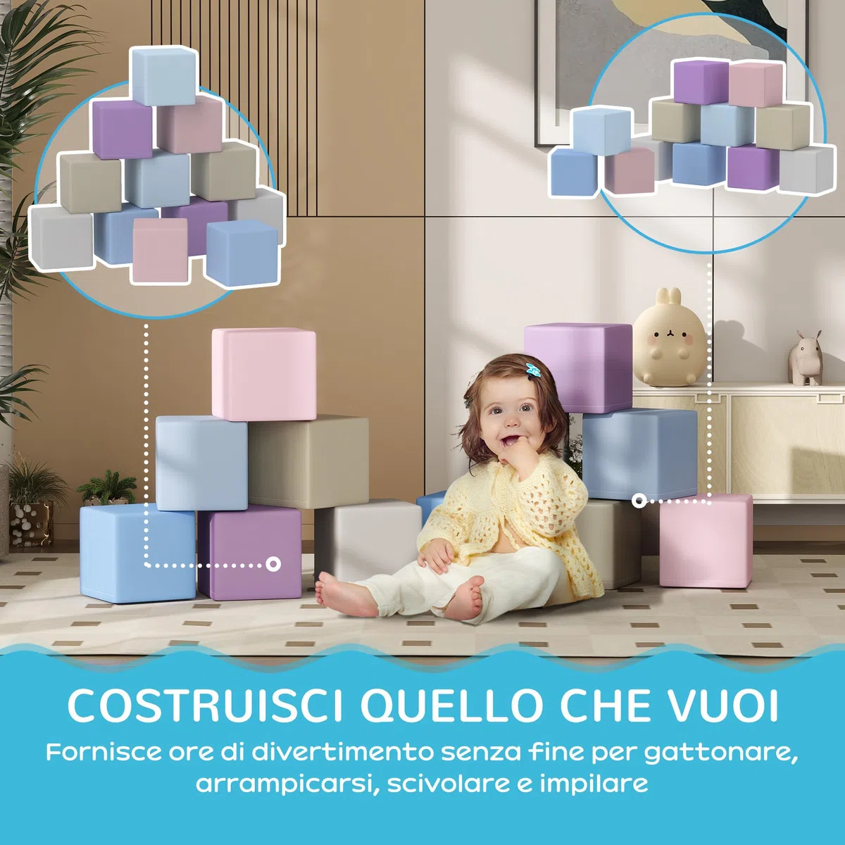 HOMCOM Set 12 Blocchi Schiuma per Bambini 12-36 Mesi, Costruzioni Morbide PU EPE 20x20x20 cm, Multicolore Chiaro