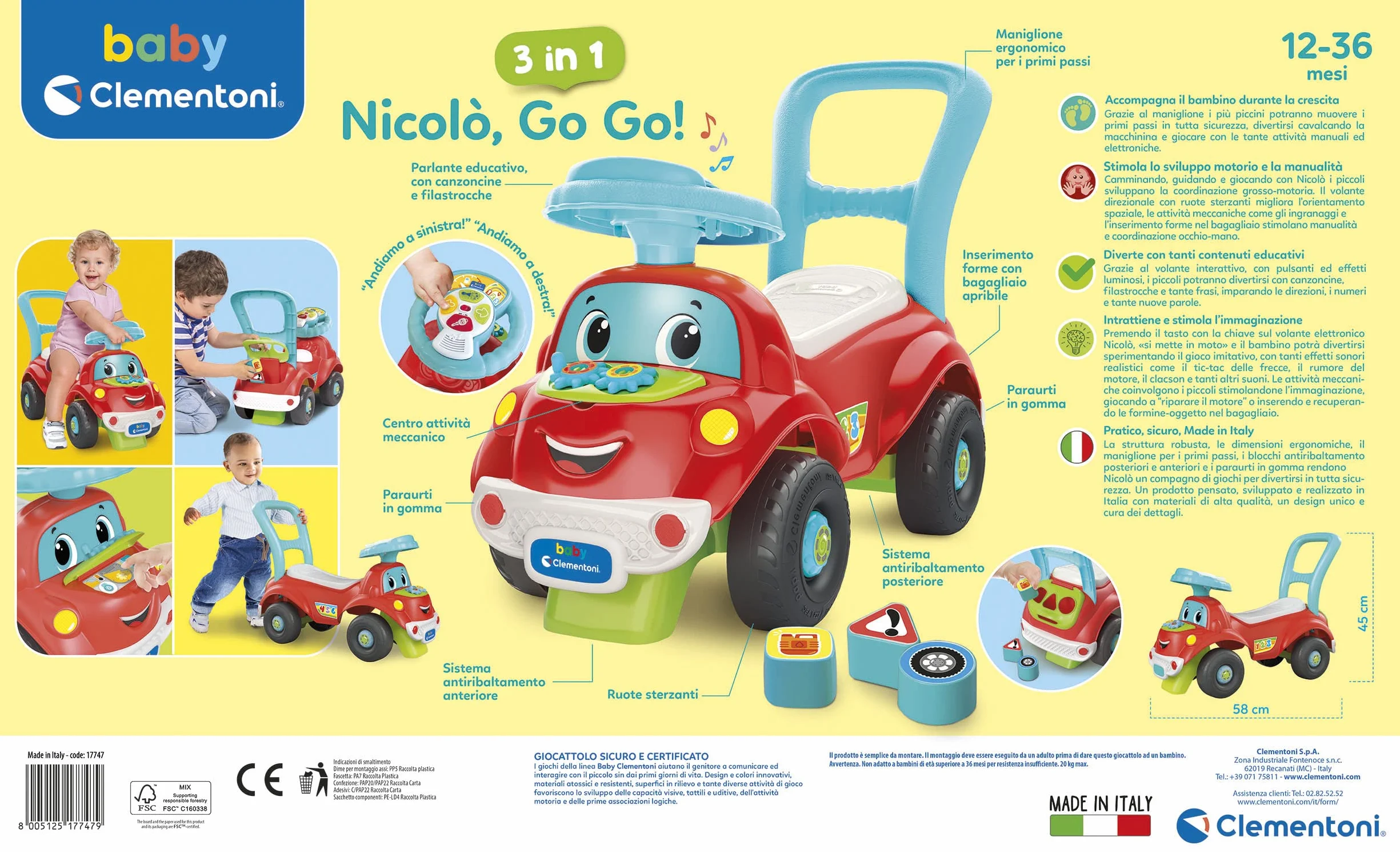 Clementoni Baby Nicolò Go Go 3 in 1, Macchinina Bambino 1 Anno, Gioco Prima Infanzia Primi Passi, Cavalcabile e Centro Attività Italiano e Inglese, Stimola Motilità e Curiosità, Made in Italy, 17747