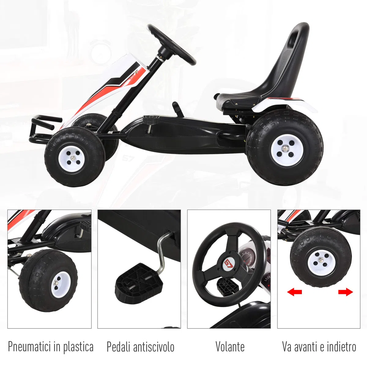 HOMCOM Go-Kart a Pedali Bianco per Bambini 3-6 Anni Sedile Regolabile Freno a Mano Cambio