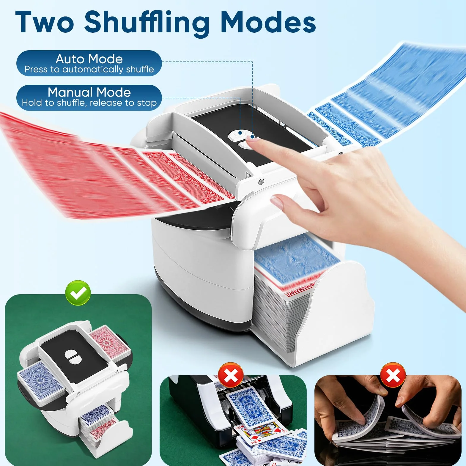 Mescolatore automatico di carte per 1–4 giochi di carte, ricaricabile, 2 modalità di miscelazione, compatibile con carte da poker, bridge, UNO e Phase 10 (Bianco)