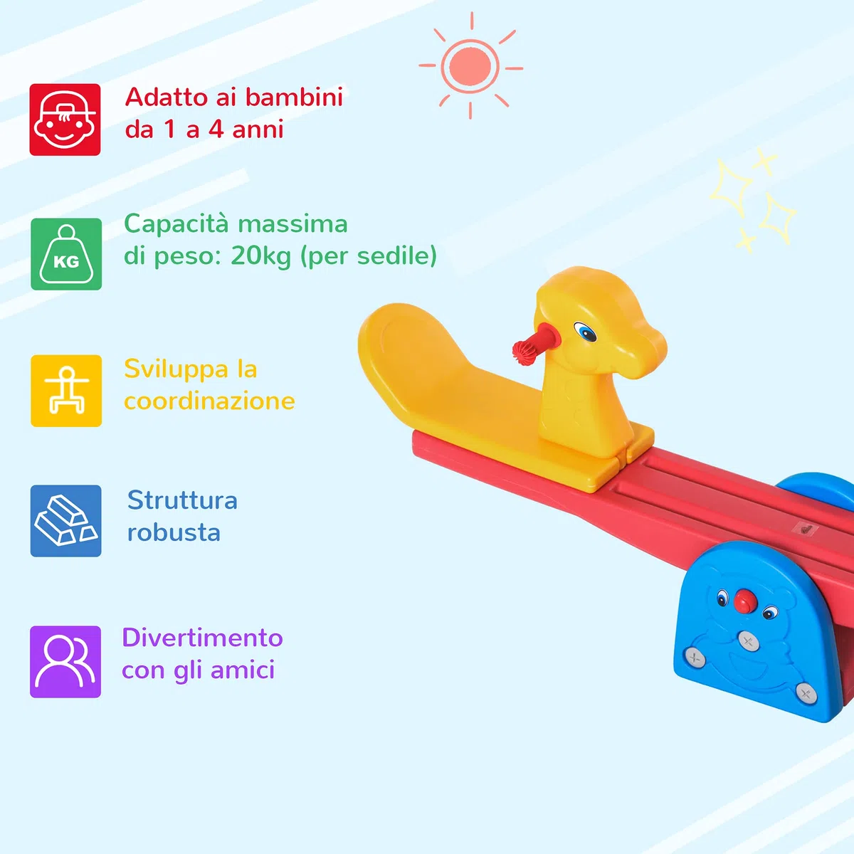 HOMCOM Altalena a Bilico per Bambini 1-4 Anni, Plastica HDPE Atossica, 150x32x60cm