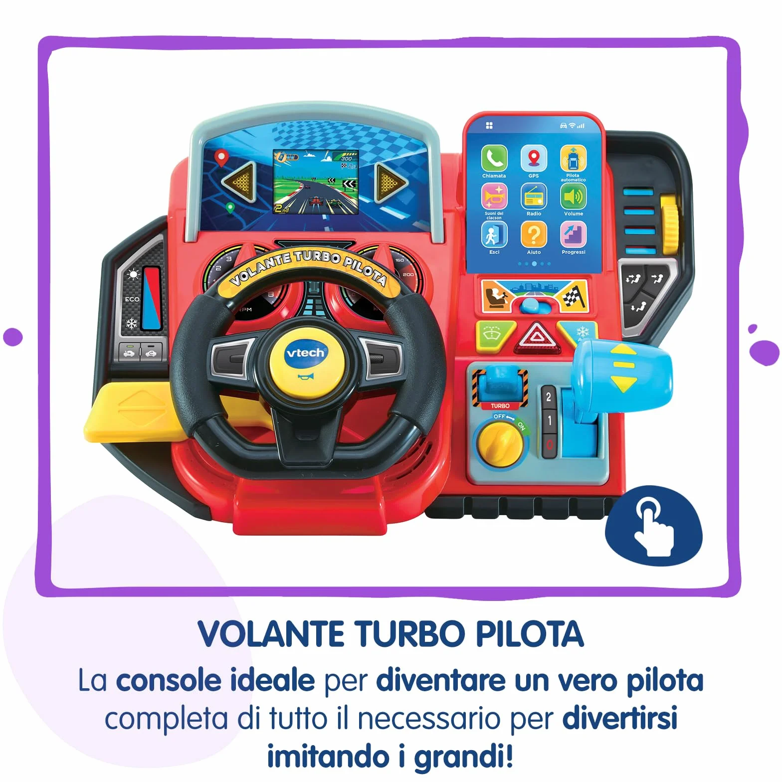 VTech Volante Turbo Pilota, Volante Bambini con Cruscotto Interattivo, Oltre 20 Giochi Educativi e 9 Circuiti, Schermo LCD, Clacson e Indicatore Direzione, Lingua Italiana, Batterie Incluse, 3-8 Anni