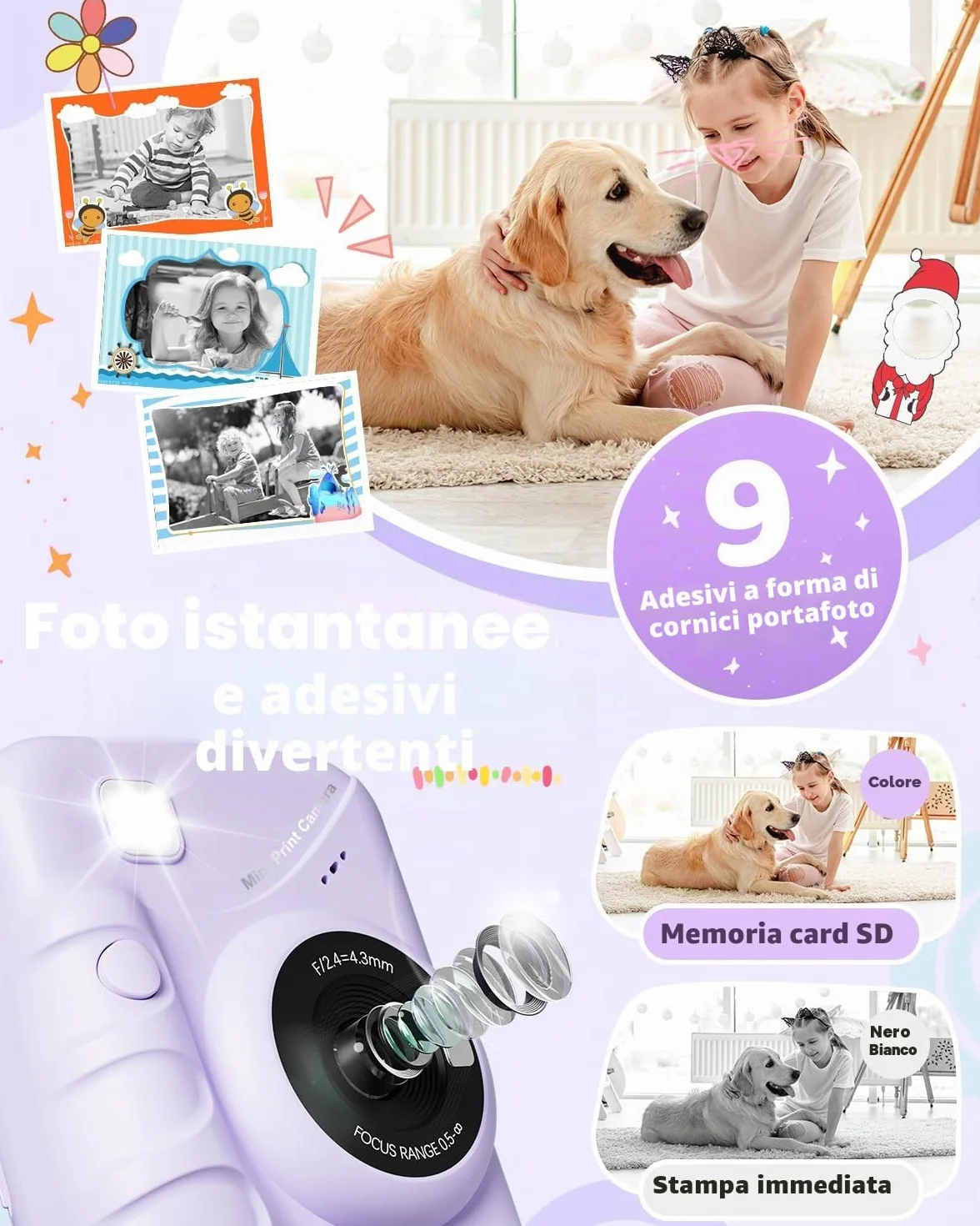 TIATUA Macchina Fotografica Bambini Istantanea, 3.0 Pollici Fotocamera Digitale Bambini con 32GB Scheda & 3 Rotoli di Carta da Stampa, Regalo per Ragazze Ragazzi da 3-12