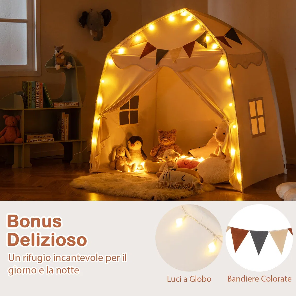 COSTWAY Tenda per Bambini con Luci Fatate, Casetta da Gioco Portatile 157x98x148 cm Beige