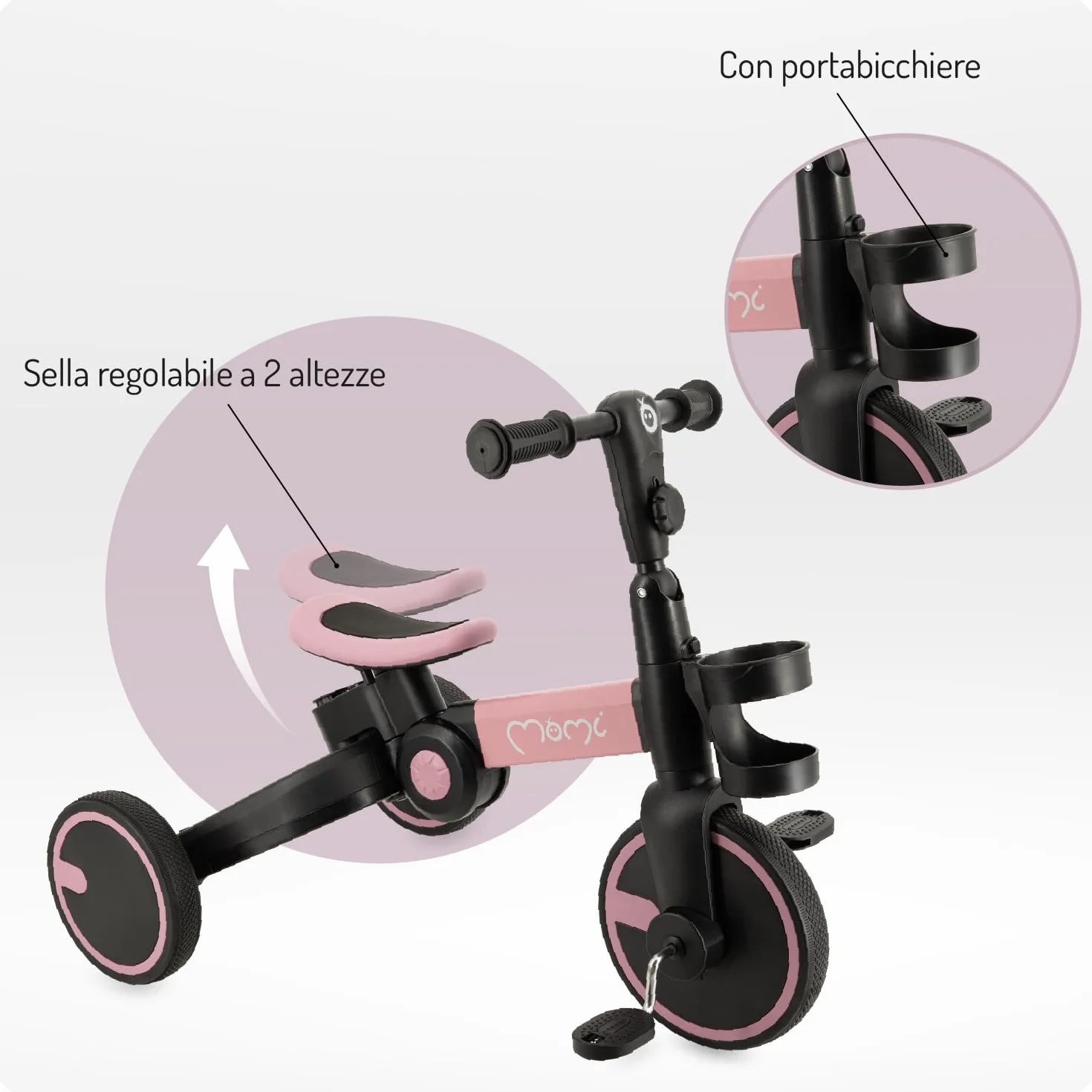 MoMi FILO 3in1 Triciclo Evolutivo per bambini 1-3 anni - Bici Senza Pedali Pieghevole, sella regolabili, pedali rimovibili - Tricicli con portabicchiere e ruote in EVA