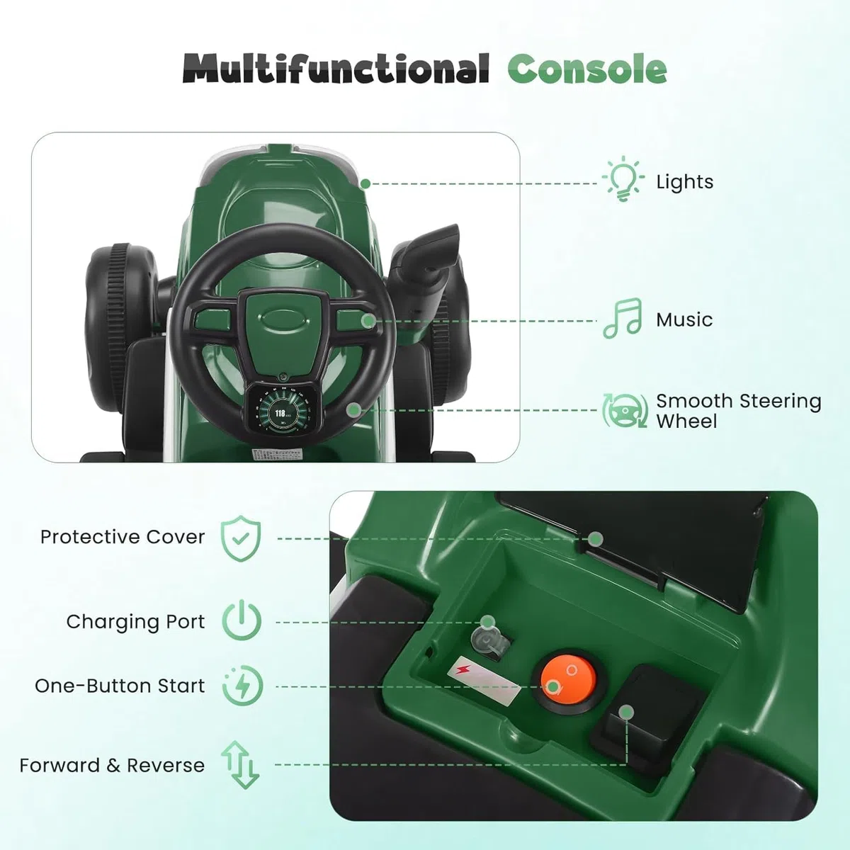 Trattore per Bambini Elettrico 2 in 1 con Rimorchio, LED, Musica, Ruote Antiscivolo, Portata 50 kg