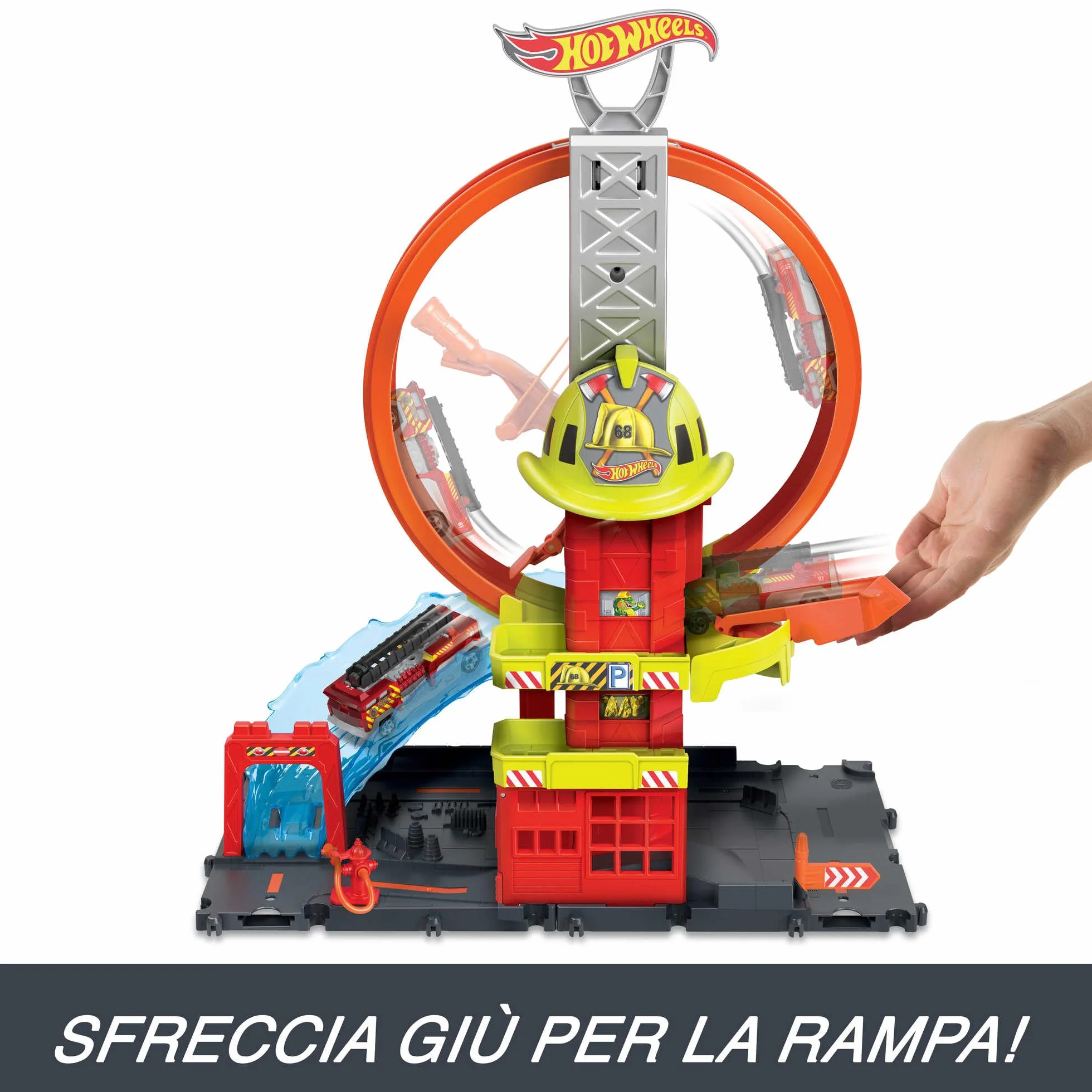 Hot Wheels - City Caserma dei Pompieri con Super Loop, con 1 macchinina, ascensore azionato manualmente, rampa simil-acquatica, Giocattolo per Bambini 4+ Anni, HKX41