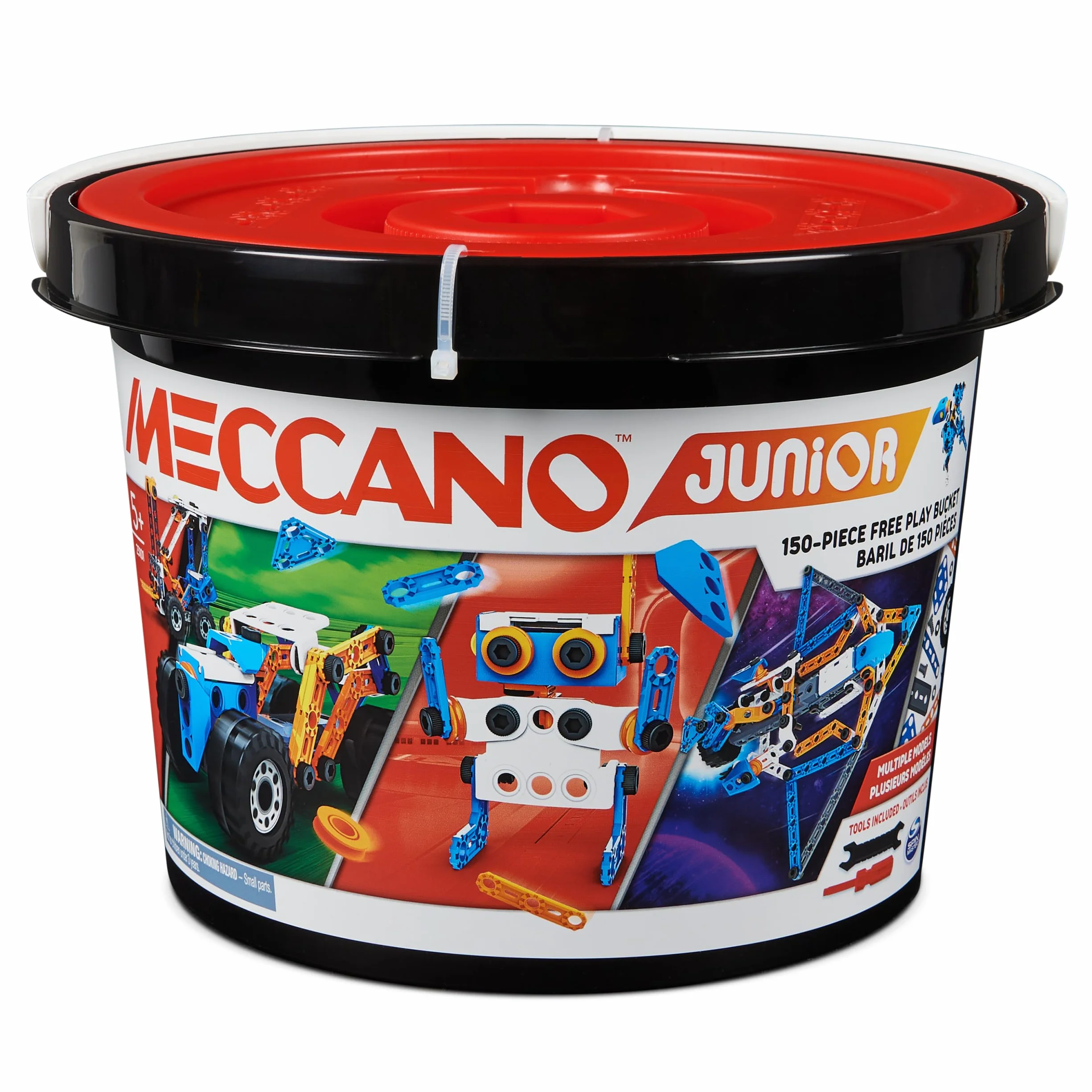 MECCANO - Barile da 150 Pezzi Junior - 5 Diversi Modelli da Costruire - Set di Costruzione con 2 Strumenti - Alternativa agli schermi - Giocattolo per Bambini 5 Anni e +