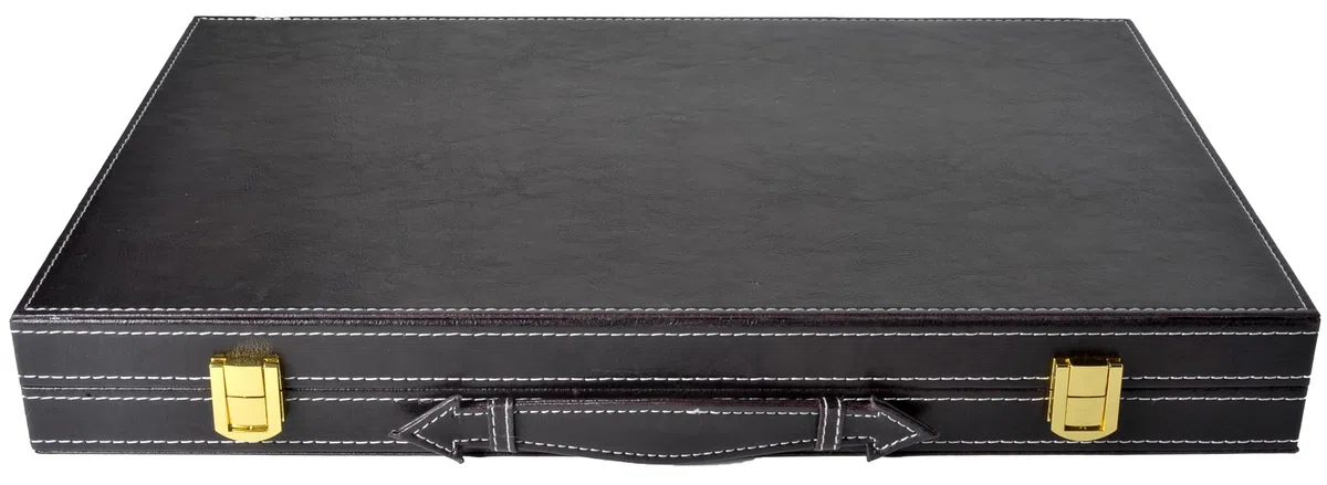 Engelhart - 250504 - Gioco di Backgammon in Legno Deluxe in Custodia Rivestita in Similpelle, 2 Giocatori, 5 Dadi, 2 Tazze e Shuffleboard (Marrone/Avorio 45,7 cm)