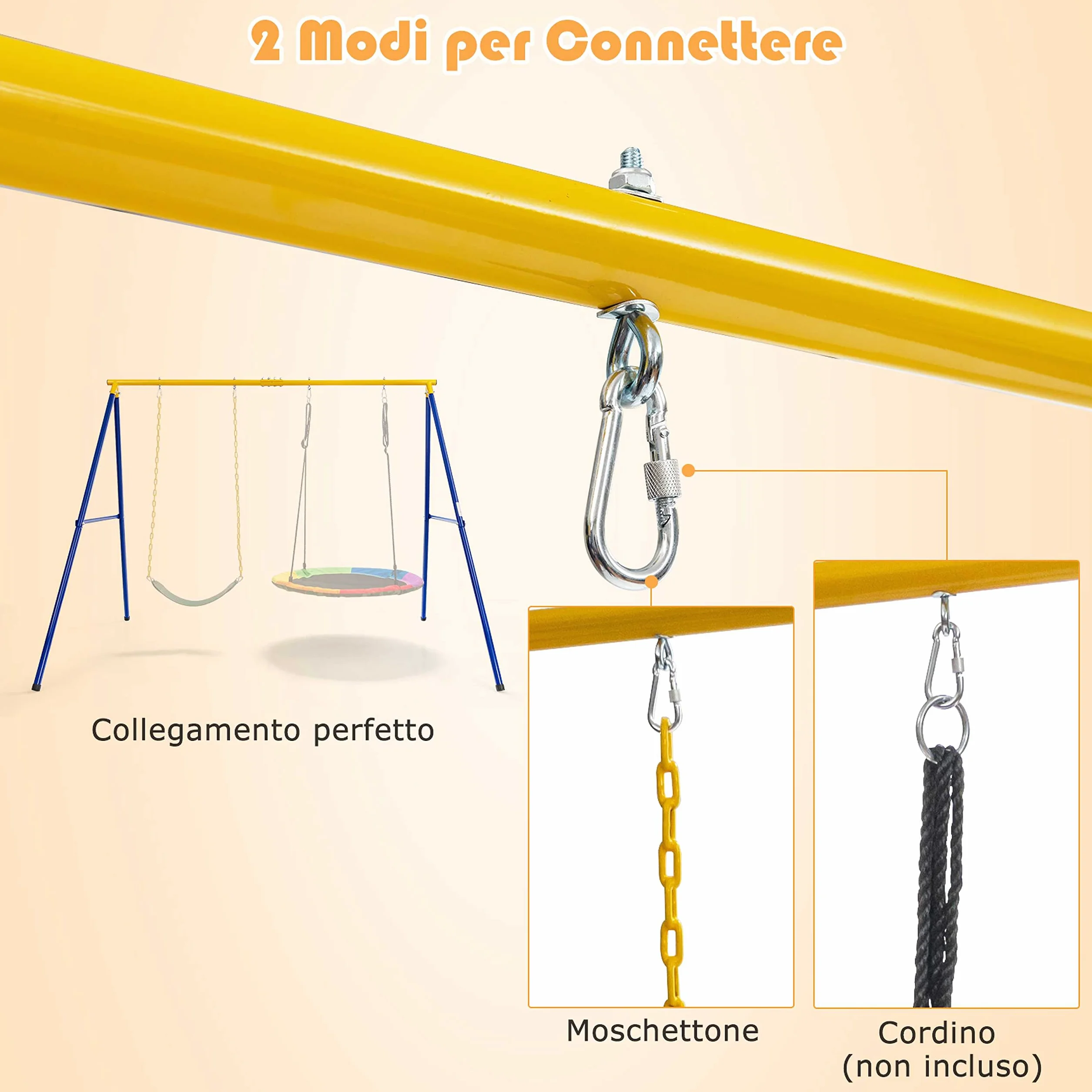 COSTWAY Set Altalena da Giardino per Bambini, Struttura di Metallo ad A con 1 Sedile in EVA Morbido e 1 Altalena Nido, Capacità 300 kg, Ideale per Giardino Parco Giochi (Giallo+Blu, Altalena+Supporto)