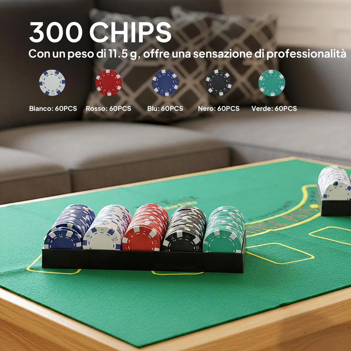 SPORTNOW Set da Poker Completo con 300 Fiches, Mescolatore di Carte, Distributore di Carte, 2 Mazzi di Carte, Tappetino, 5 Dadi, Pulsante Dealer e Valigetta per 8 Giocatori, Argento