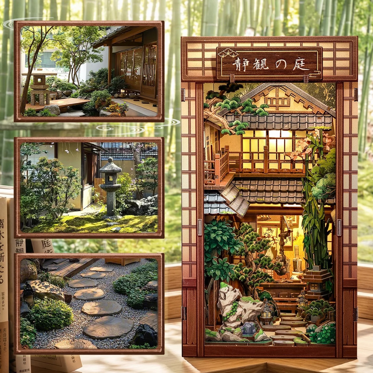 CUTEBEE Book Nook - Kit per casa delle bambole per adulti, casa giapponese in miniatura con luce LED, decorazione per libreria, regalo unico (cortile sereno)