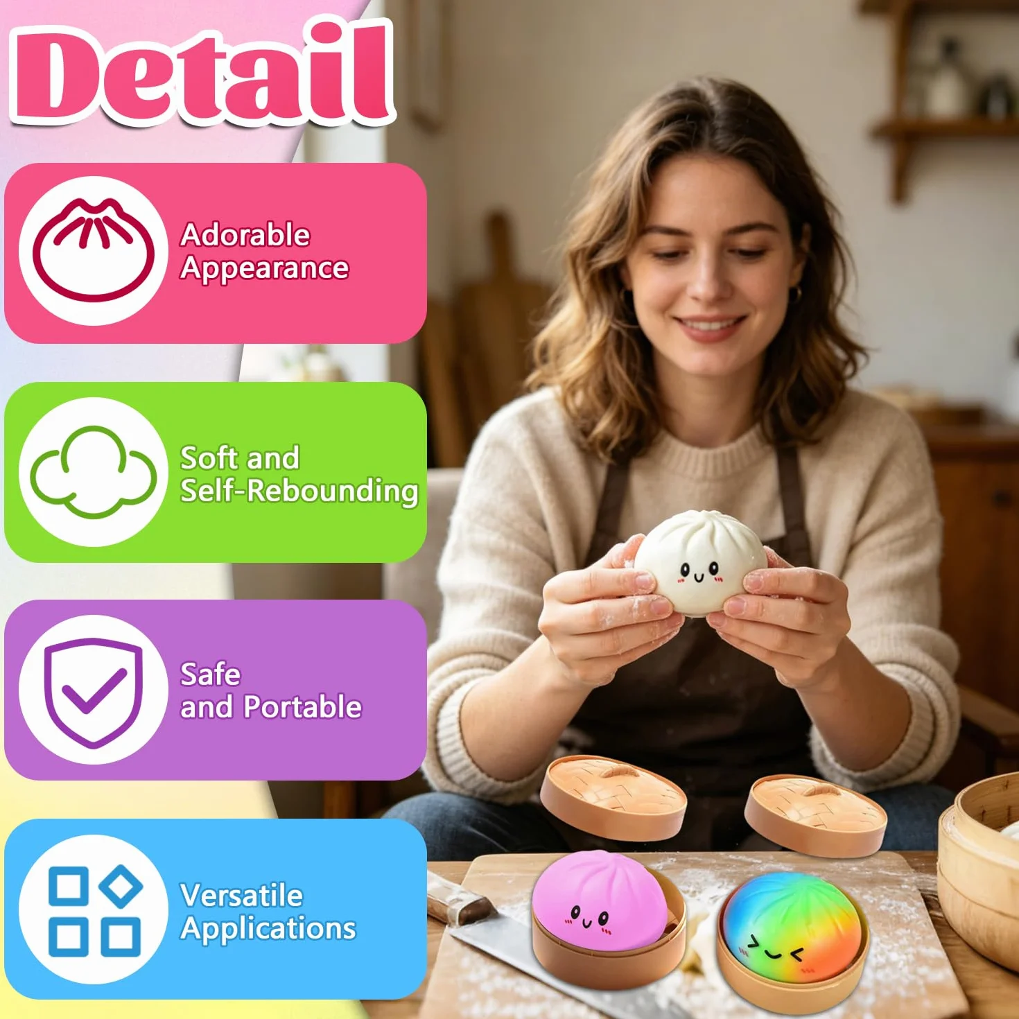 Giocattoli Antistress Gnocco, 4 Pezzi Palline Antistress Gnocco, Dumpling Stress Ball, Dumpling Squishys Toy, giocattolo squishy gnocchi, Glitter Dumpling Squishys, Per Lavoro, Studio, Viaggio E Relax