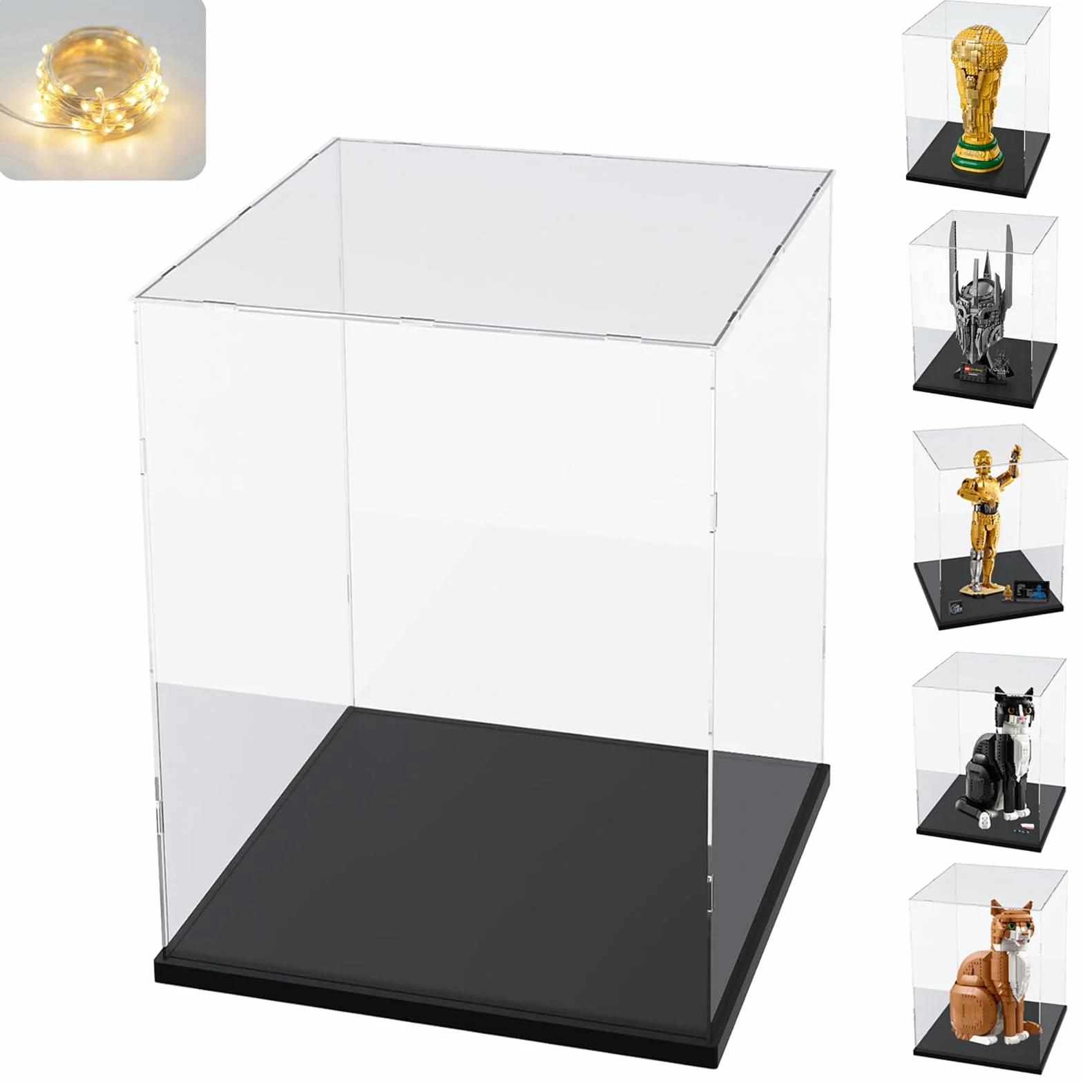 Vetrina Espositiva Teca Plexiglass Acrilico 3MM per Lego Trofeo Coppa Mondo FIFA 43020 Elmo Sauron 11373 75398 C3PO 21349 21376 Gatto 10358 77072 76463 76467, Trasparente Nero Interno 25x25x40cm