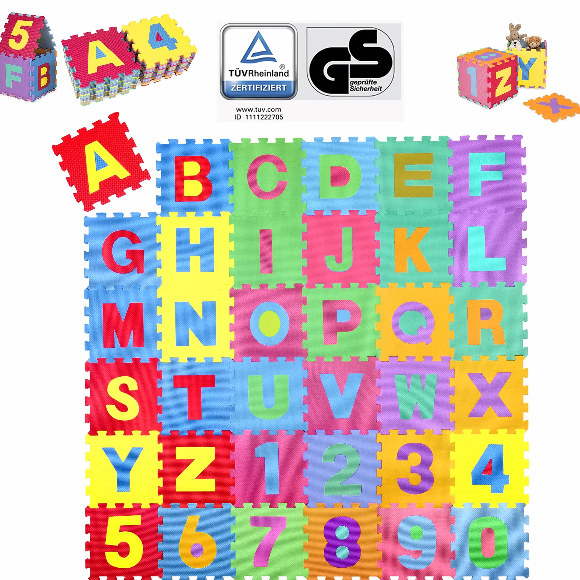 KIDUKU Tappeto Puzzle 36 pezzi Testato TÜV Rheinland con numeri e lettere colorati in morbida gomma EVA resistente isolante lavabile per bambini