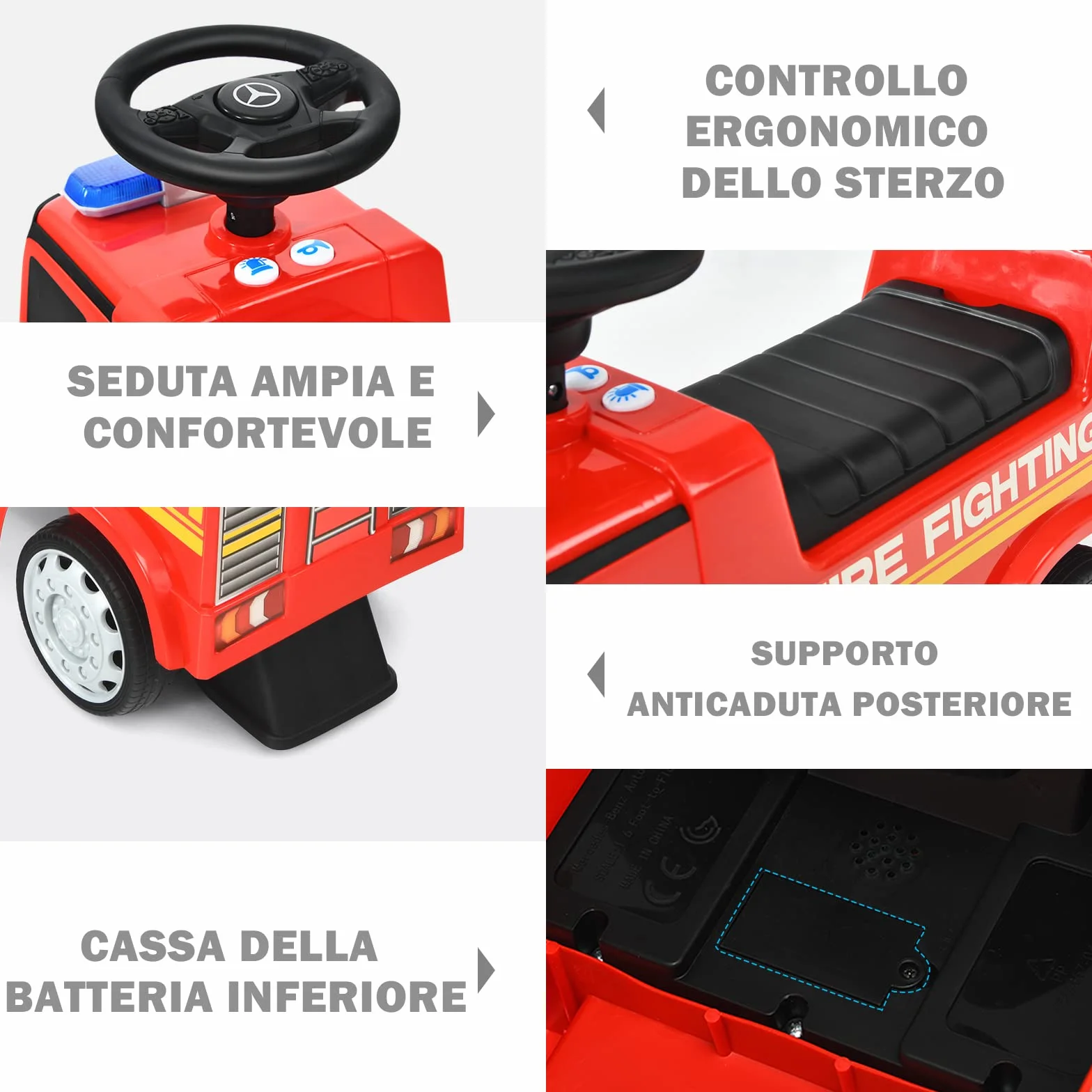 COSTWAY Camion dei Pompieri per Bambini, Macchinina Cavalcabile per Bambini, con Volante, Schienale, Macchina Cavalcabile con Piedi a Terra, Rosso