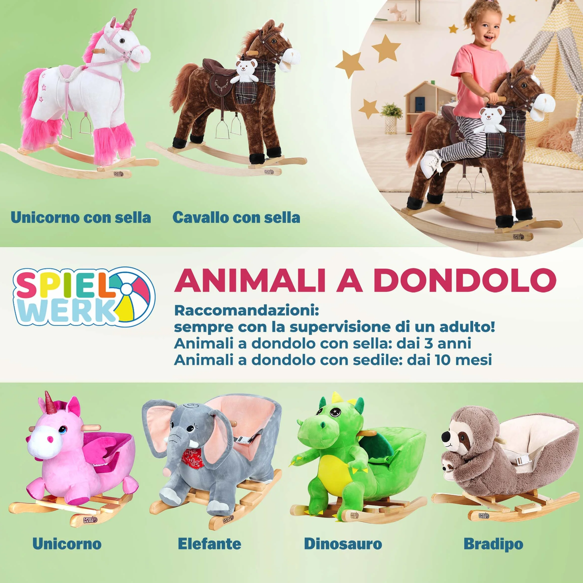 DEUBA® Unicorno Rosa Peluche a Dondolo Legno con Suoni Cintura di Sicurezza Giochi Infanzia Bambini Giocattolo Regalo