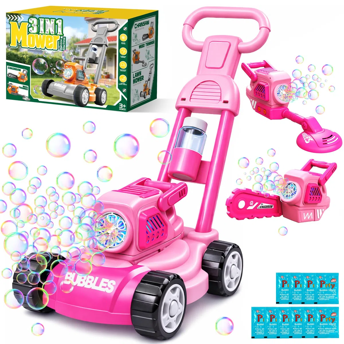 Tosaerba Spara Bolle per Bambini, Macchina per Bolle 3-in-1 con 10 Soluzioni, Giochi all'Aperto per Bambini 3-8 Anni, Regalo di Compleanno Pasqua Estate per Ragazzi e Ragazze 3 4 5 6 7 8 Anni