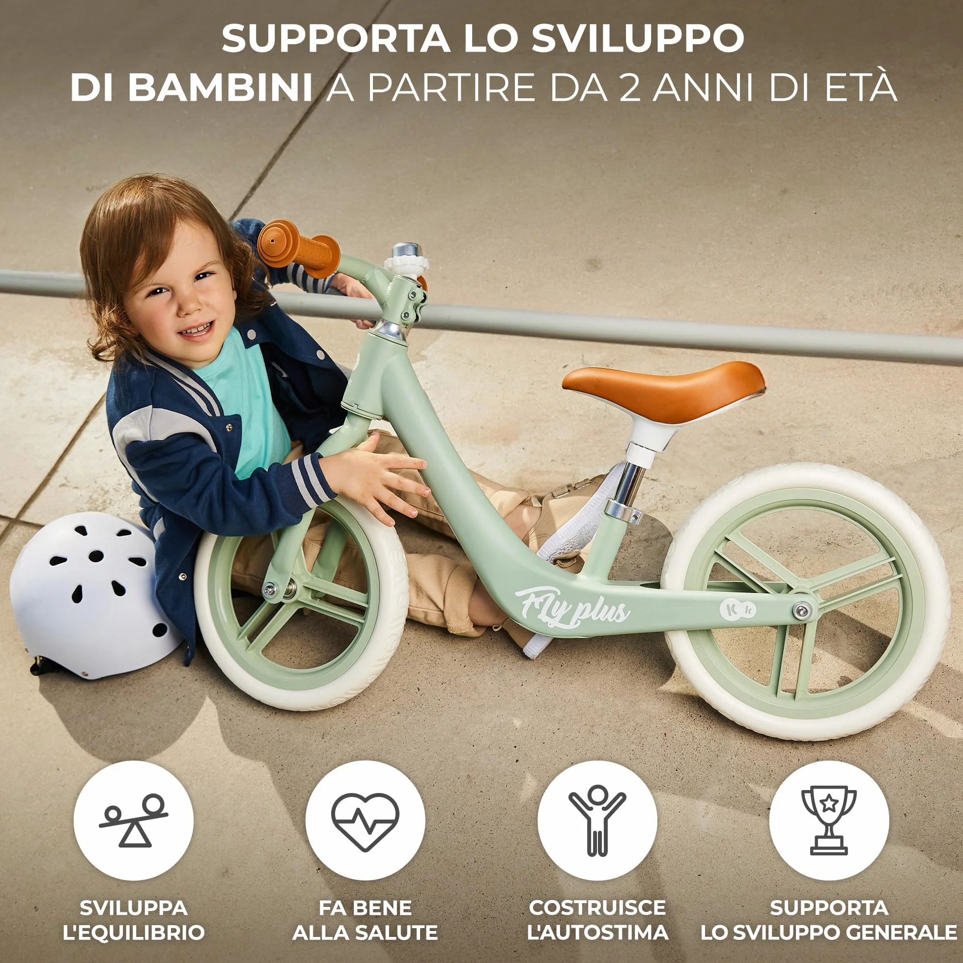 Kinderkraft FLY PLUS 2 Bicicletta bambini, Leggero Bici Senza Pedali, Stile Retro, Magnesium, Design retro, fino 2 Anni, Struttura leggera, 2.8kg, Sellino regolabile, Verde