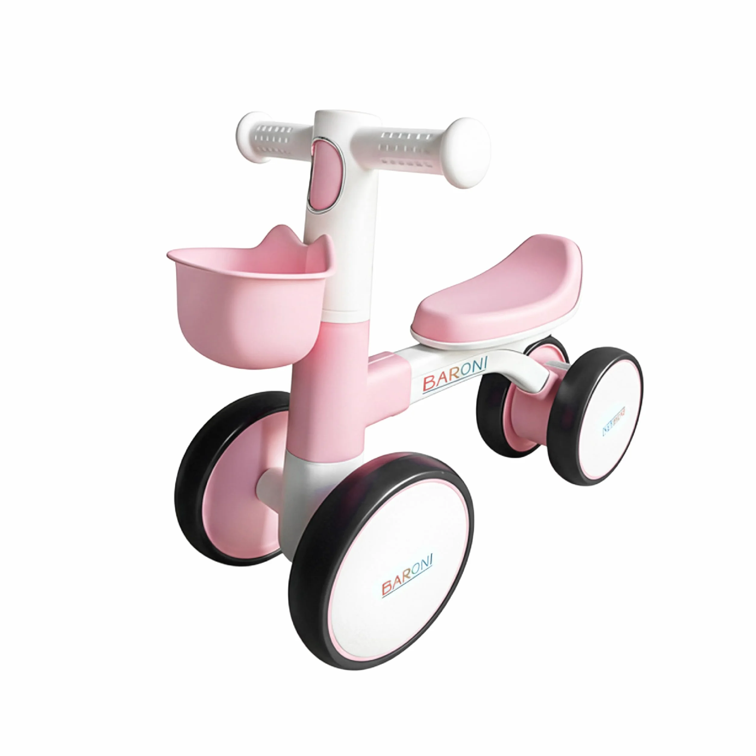 Baroni Toys Bici Senza Pedali Rosa a 4 Ruote per Bambini dai 3 Anni, Primi Passi con Luci e Suoni, Cestino Portaoggetti, Balanced Bike, Ideale per Sviluppo Motorio e Coordinazione, 55x22x42cm
