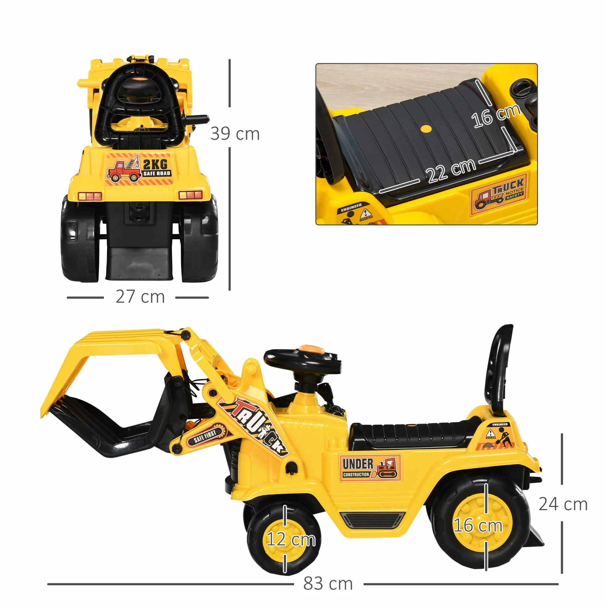 HOMCOM Escavatore per Bambini 2-4 Anni Manuale con Pinza, Pulsante per Suoni e Spazio Portaoggetti Nascosto, in PP e ABS, 83x27x39 cm, Giallo e Nero