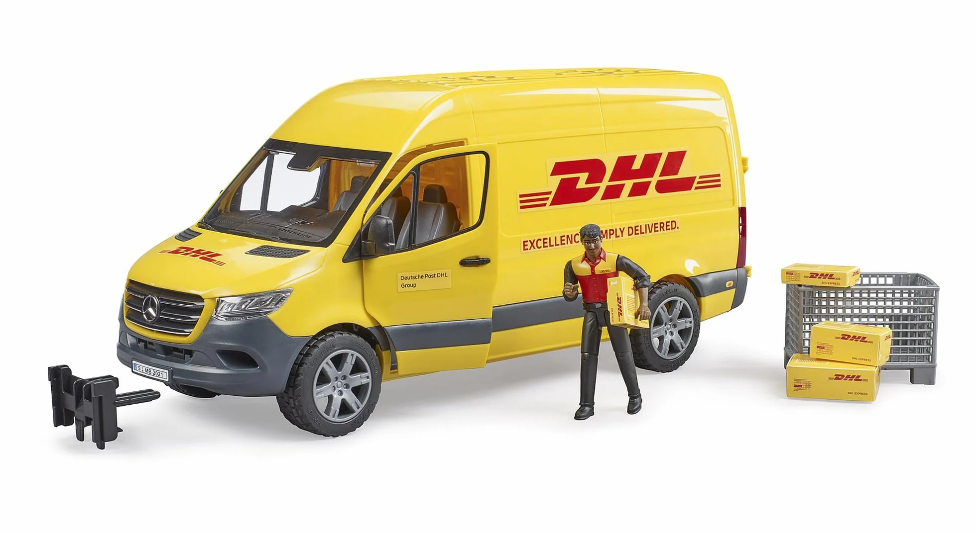 bruder - 02671 - MB Sprinter DHL con autista incluso box pallet con pacchi di spedizione, veicolo, trasportatore