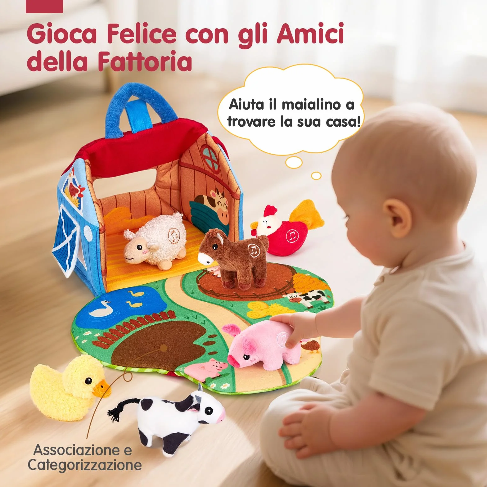 hahaland Giochi Bambini 1 anno - Fattoria Sonora in Peluche, con 6 Animali Morbidi e Suoni Realistici, Gioco Educativo Bambino Montessori Sensoriale Regalo 6 12 18 mesi
