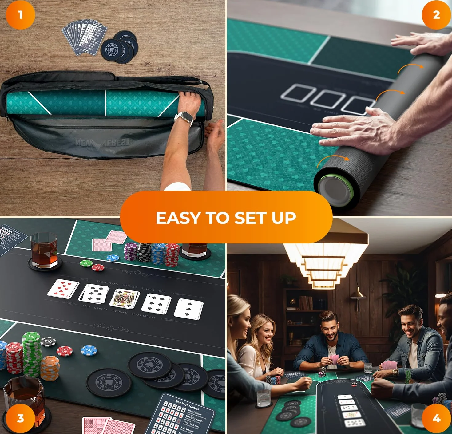 Newverest Tappetino da Poker 178 × 89 cm, Texas Hold’em Per Le Tue Serate Di Gioco, Fino a 10 Giocatori, Casino e Blackjack, Borsa con Cerniera Resistente, 8 Sottobicchieri, Scatola Regalo