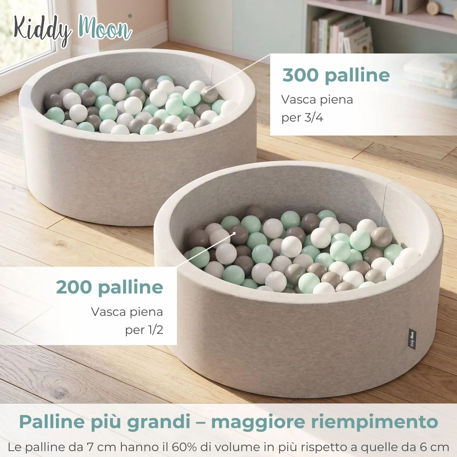 KiddyMoon 90X30cm/200 Palline Piscina di Palline Colorate per Bambini Tondo Fabbricato in EU, Grigioch:Blu Pastello/Giallo Pastello/Bianco/Menta/Eosa Chiaro