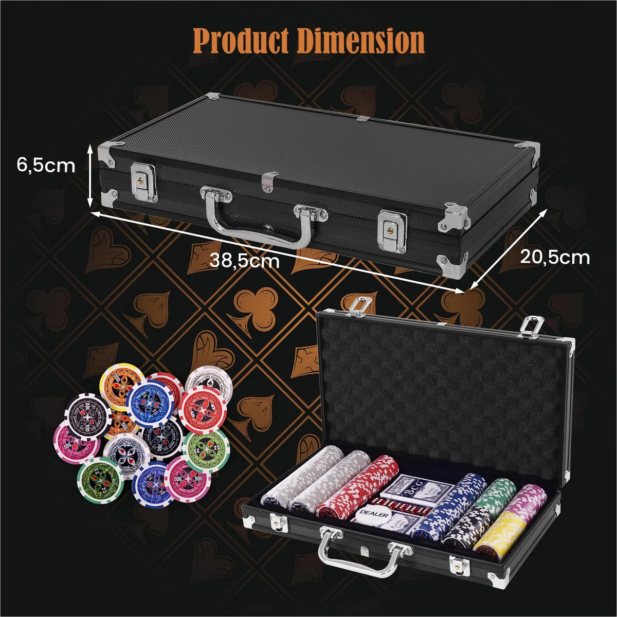 HOMASIS Set da Poker con 300 Chips, Valigetta da Poker con Serratura, Kit Poker con 2 Mazzi di Carte, 5 Dadi, 1 Bottone del Mazziere, Carte da Poker per Feste (Nero)