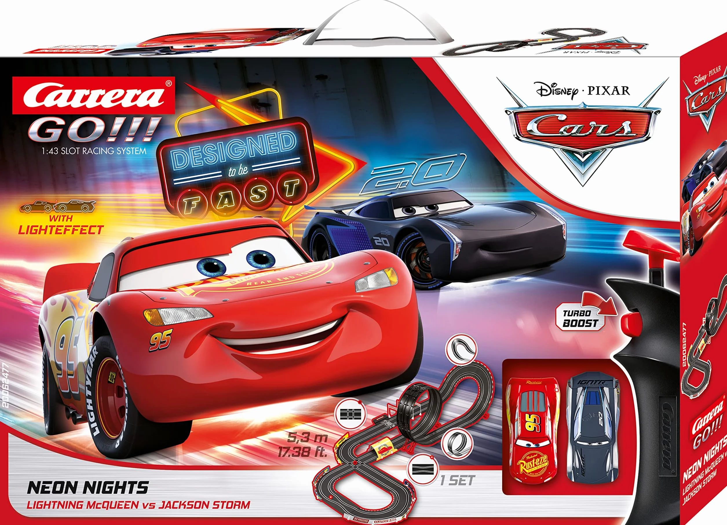 Carrera GO!!! Disney Pixar Cars Neon Nights Set Pista da Scontro con Saetta McQueen e Jackson Storm Gioco per Bambini 6+ Anni
