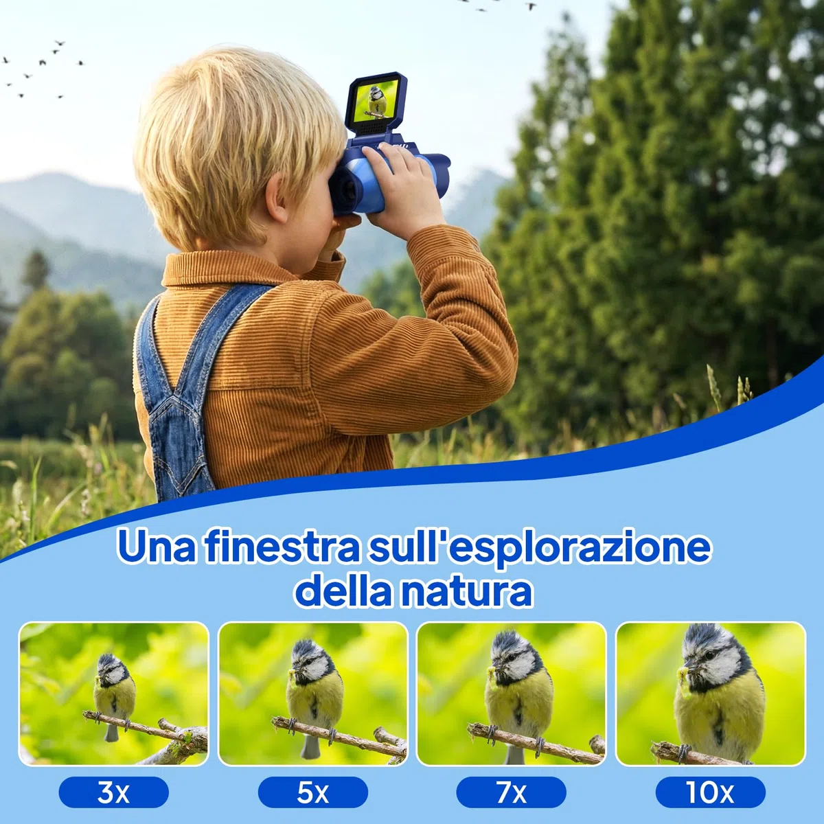 Ashfly Binocolo Digitale per Bambini con Schermo 2,4", Zoom 10x, Giochi Integrati, Modalità Visione Notturna e Fotocamera – Gioco Educativo Esplorazione Natura, 7+ Anni, blu