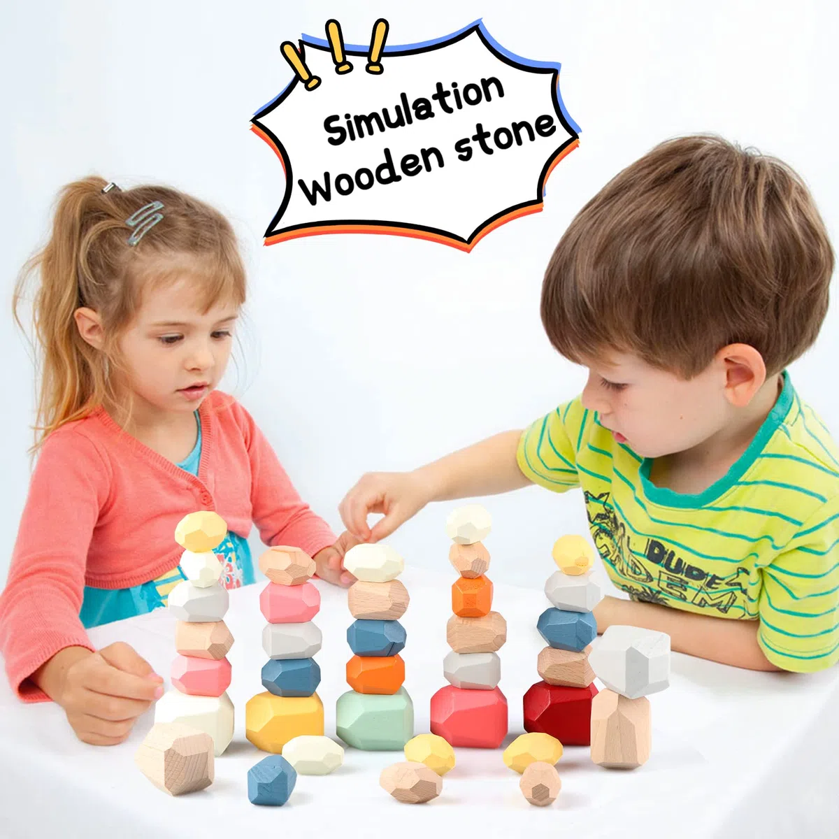 Jacootoys 36 pezzi Impilabile Pietra Blocchi costruzione di legno Giocattoli per bambini 3 anni