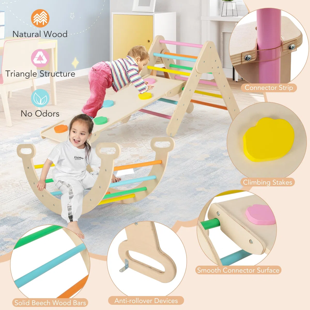 Fantask Struttura da arrampicata 4 in 1 legno con scivolo triangolo arco altalene per bambini 1 anno