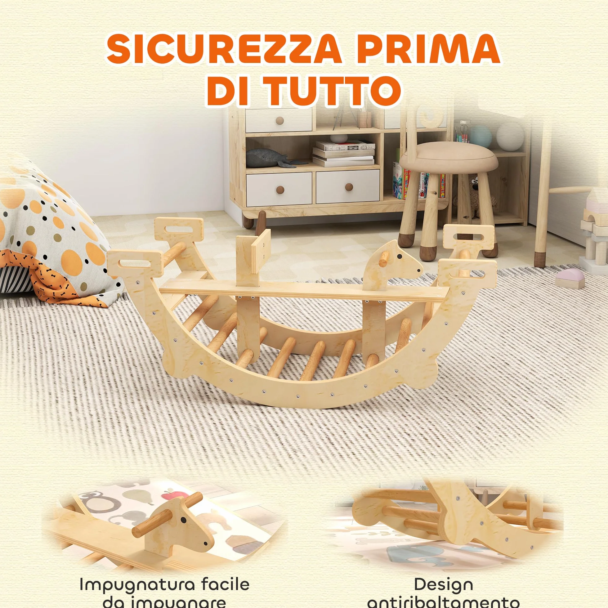 AIYAPLAY Arco Montessori per Bambini 2-4 Anni Convertibile in Dondolo, Gioco Arrampicata in Legno, 110x52x45 cm, color Legno