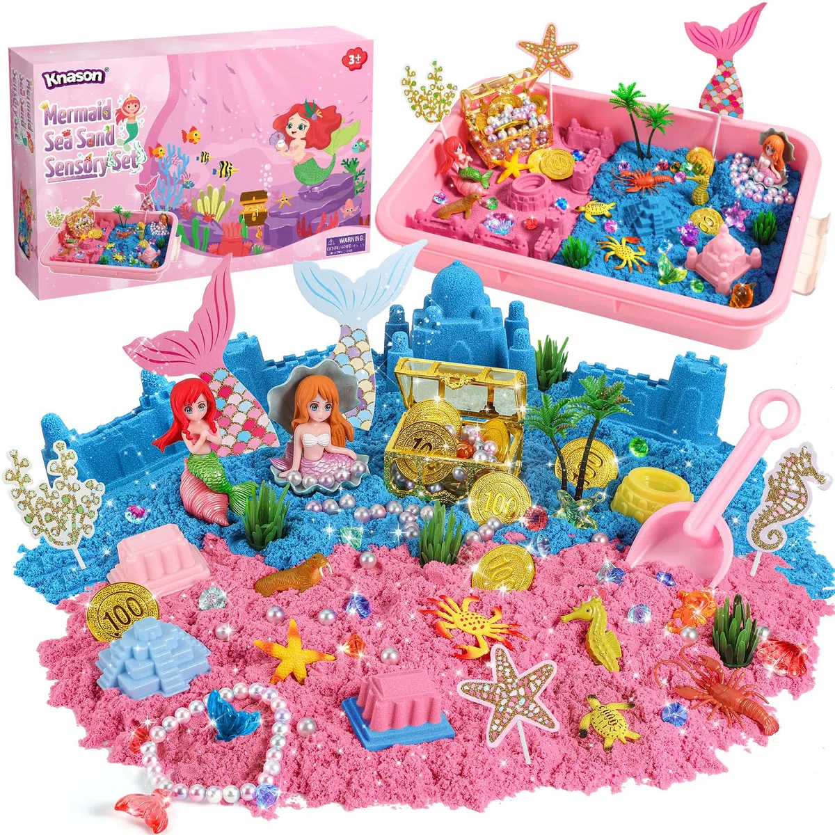 KNASON Sabbia Giocattolo Bambini Sirena,Sabbia Magica Giocattolo con 1KG di Sabbia Colorata,Scrigno del Tesoro e Cassetta Della Sand,Regalo di Natale per bambini di 3 4 5 6 7 8 anni