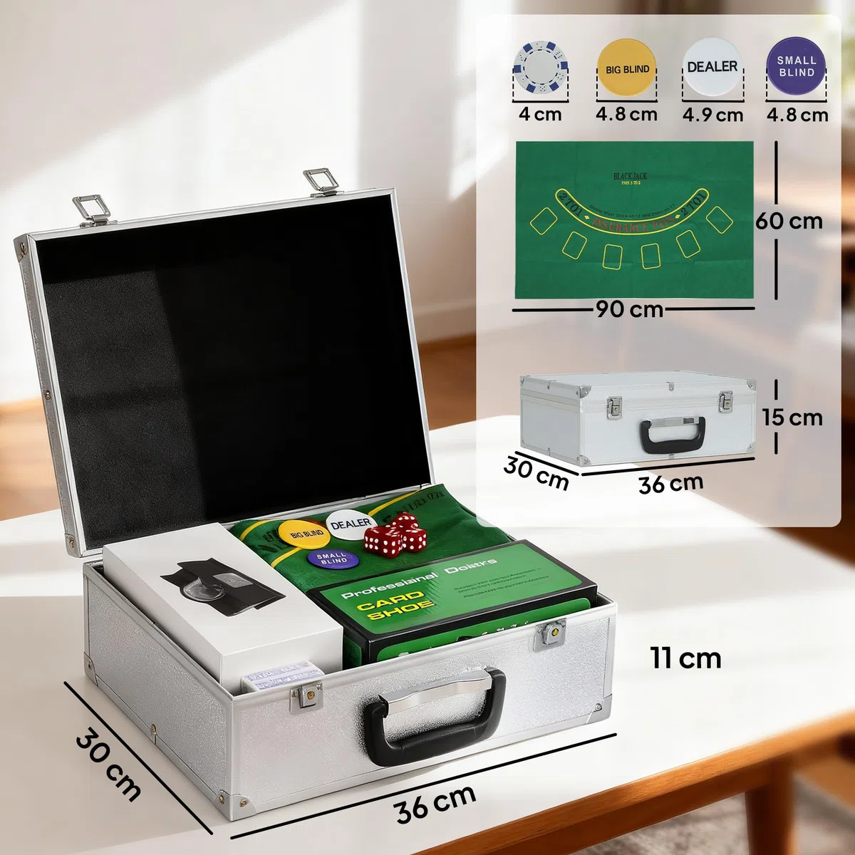 SPORTNOW Set da Poker Completo con 300 Fiches, Mescolatore di Carte, Distributore di Carte, 2 Mazzi di Carte, Tappetino, 5 Dadi, Pulsante Dealer e Valigetta per 8 Giocatori, Argento