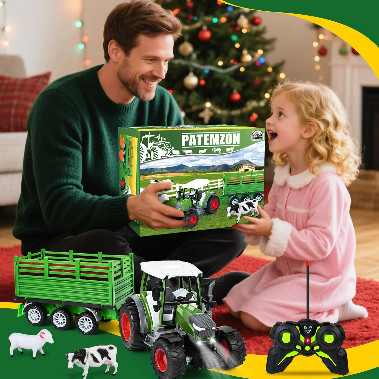 PATEMZON RC Trattore Telecomandato per Bambini, Trattore Agricolo con Aratro e Luce, Set di Trattore Radiocomandato con Rimorchio Giocattolo, Mucca, Pecora, Troncs d'Arbre e Balle, Verde