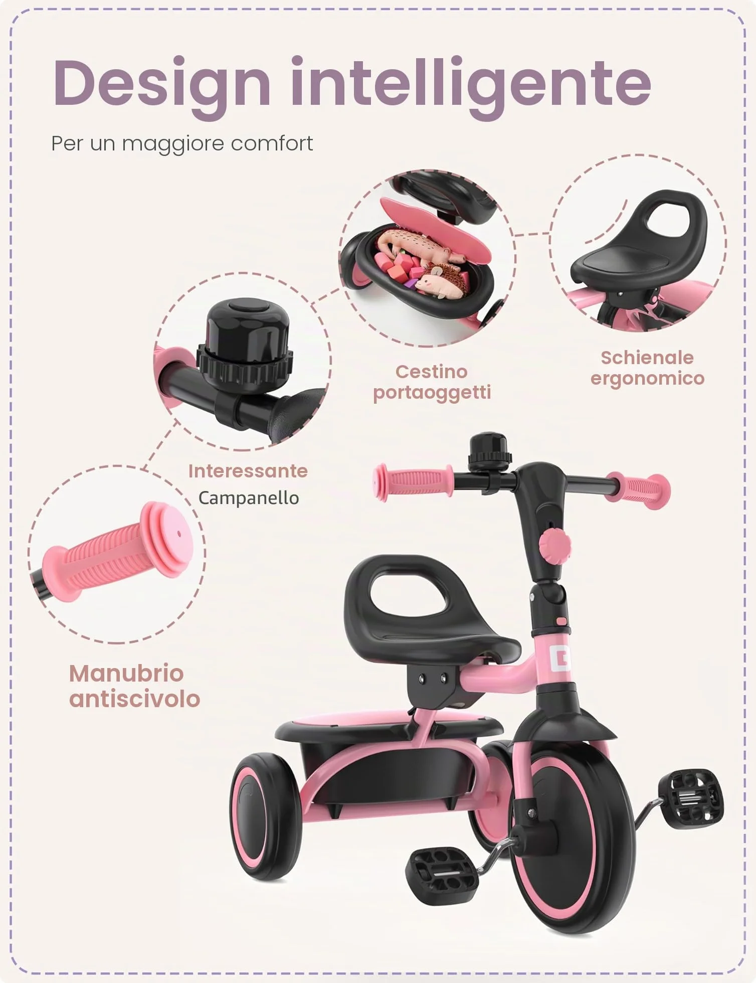 besrey Tricicli per bambini dai 24 mesi ai 5 anni, triciclo per bambini da 2 a 5 anni, triciclo per bambini, regalo e giocattoli per ragazzi e ragazze, tricicli per bambini
