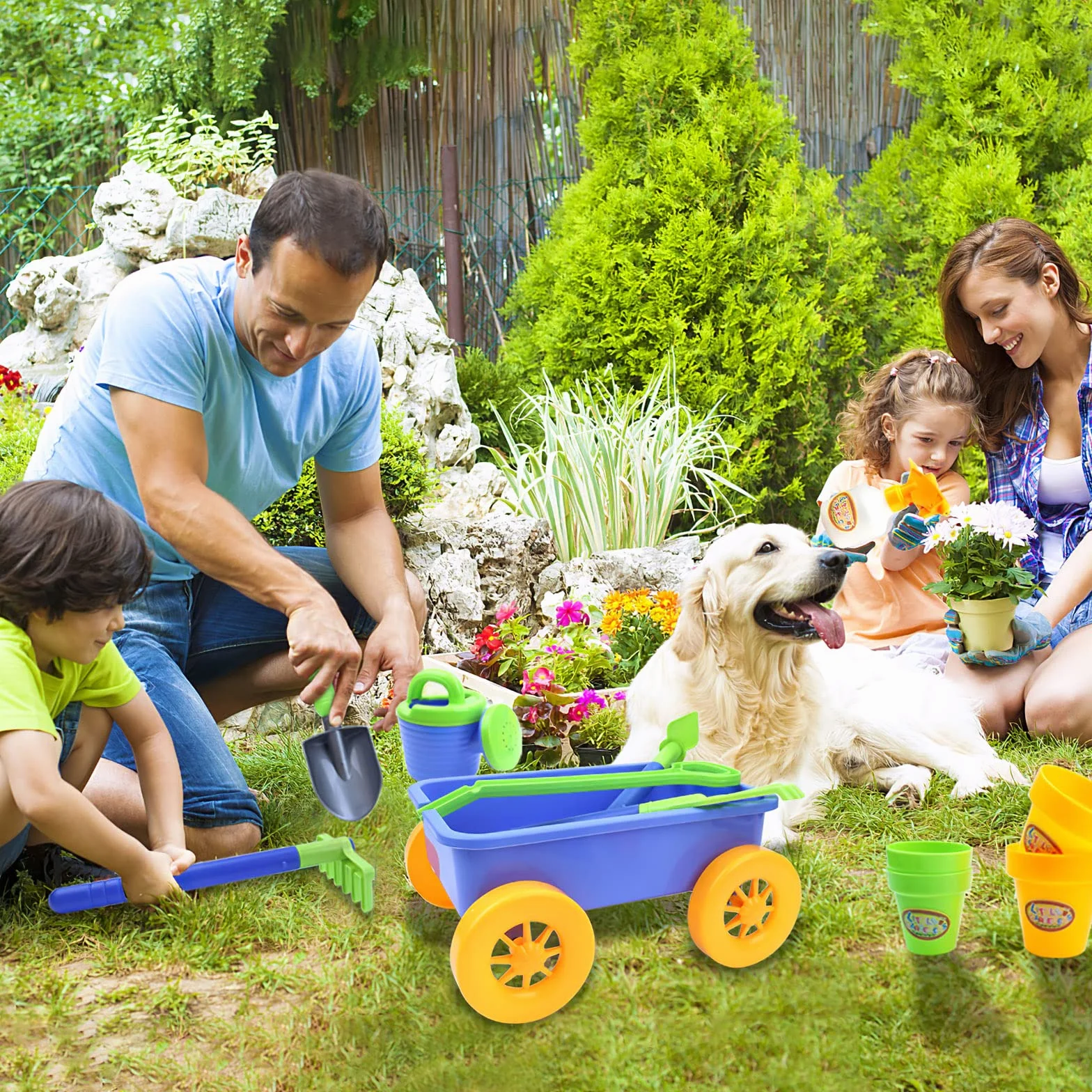 deAO Carriola e attrezzi da giardinaggio per bambini, include 10 accessori e 4 vasi per piante