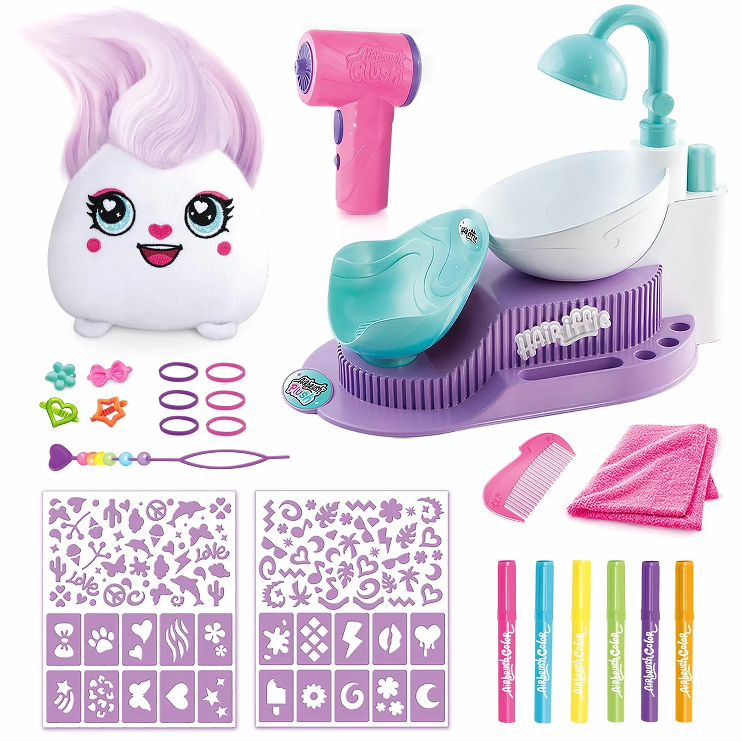 Canal Toys Hair'iffic Salon Airbrush Plush Doudou with Aerografo Stencil Stazione di Lavaggio Creativo Riutilizzabile
