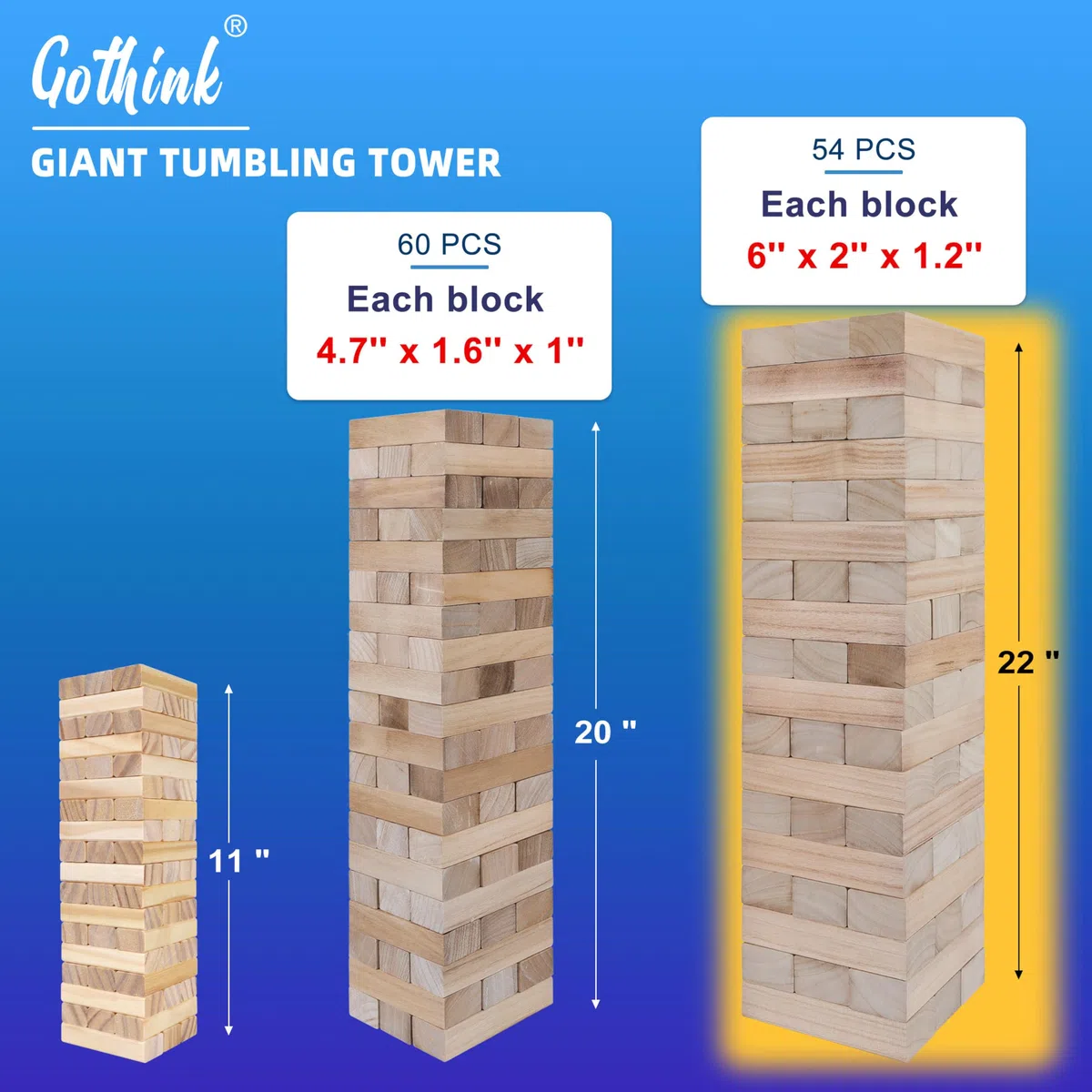 GOTHINK Torre di Legno Gioco Gigante 54 Blocchi di Legno Massello Apilabile 1.2m Gioco di Impilamento
