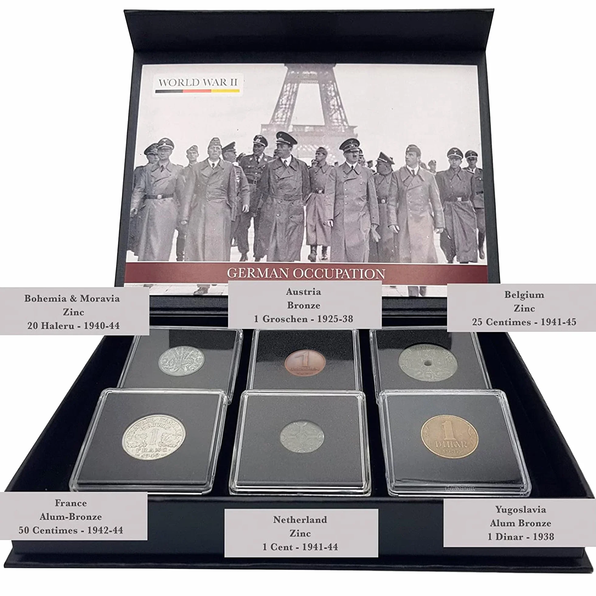IMPACTO COLECCIONABLES | 6 Monete Autentiche della Seconda Guerra Mondiale – Utilizzate dai Tedeschi nei Territori Occupati, presentate in Scatola da Collezione | Include Certificato di Autenticità