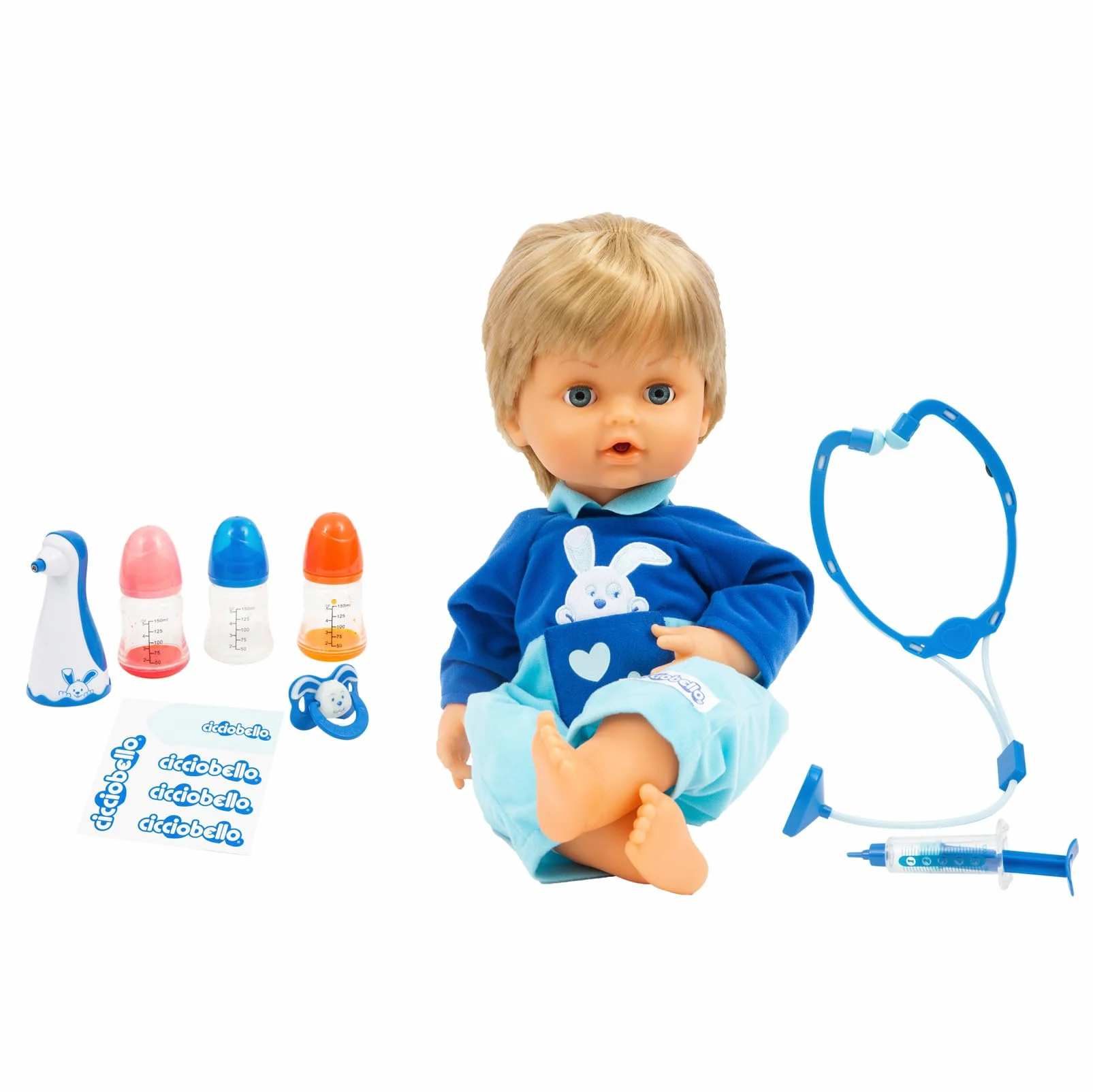 Cicciobello Bua, Bambola Interattiva con Accessori, Giochi Bambini 2 anni, Accessori per la Cura Come Termometro e Stetoscopio, Usa il Ciuccio per Farlo Smettere di Piangere!