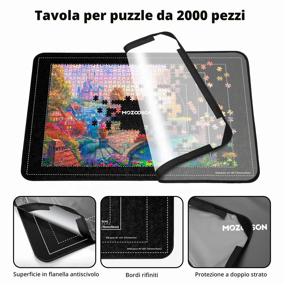 MOZOOSON Tappetino Puzzle Pieghevole 2000 Pezzi - Contenitore 41,3 x 31,5 cm con Copertura - 8 Vassoi di Sorting e Copertina per Spostamento e Memorizzazione