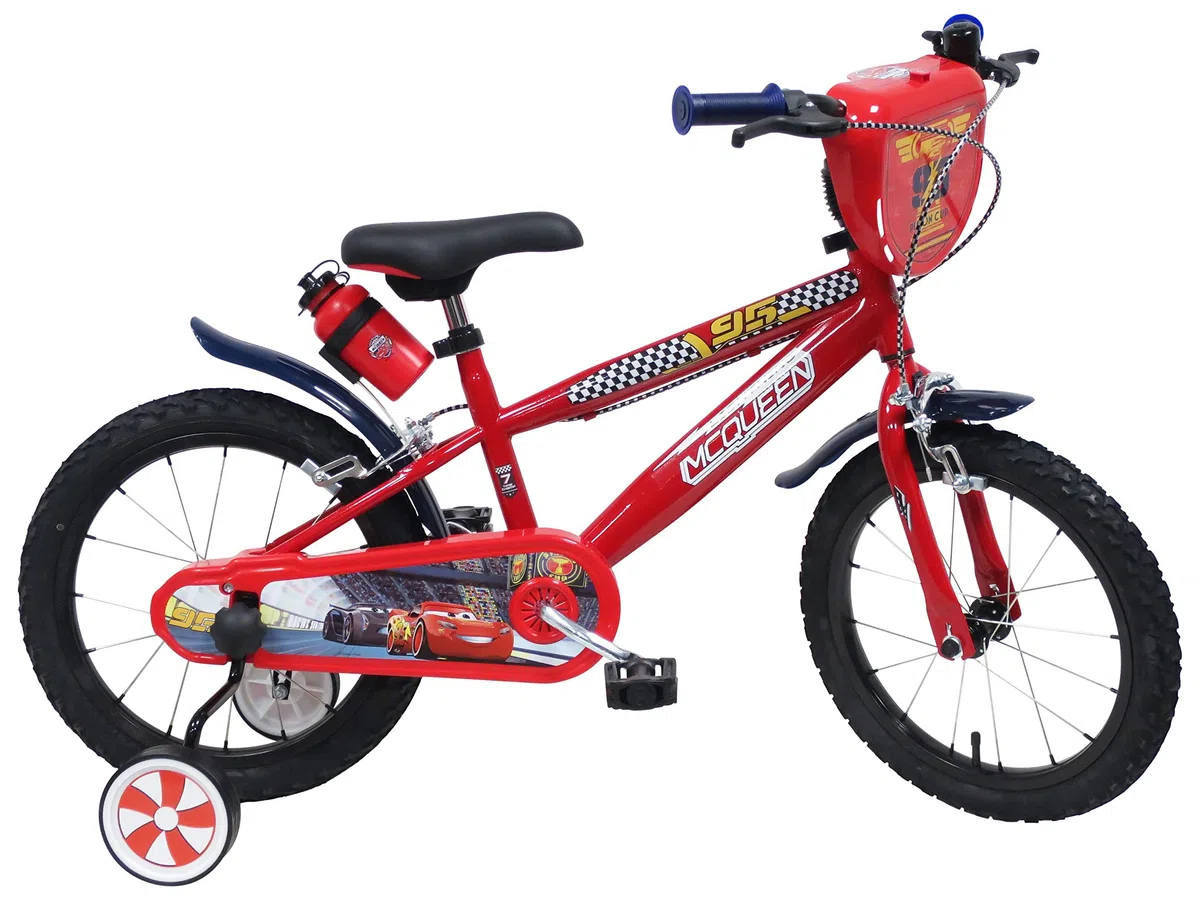 bicicletta da bambino con scudo anteriore, borraccia e stabilizzatori laterali di cars misura 14 pollici