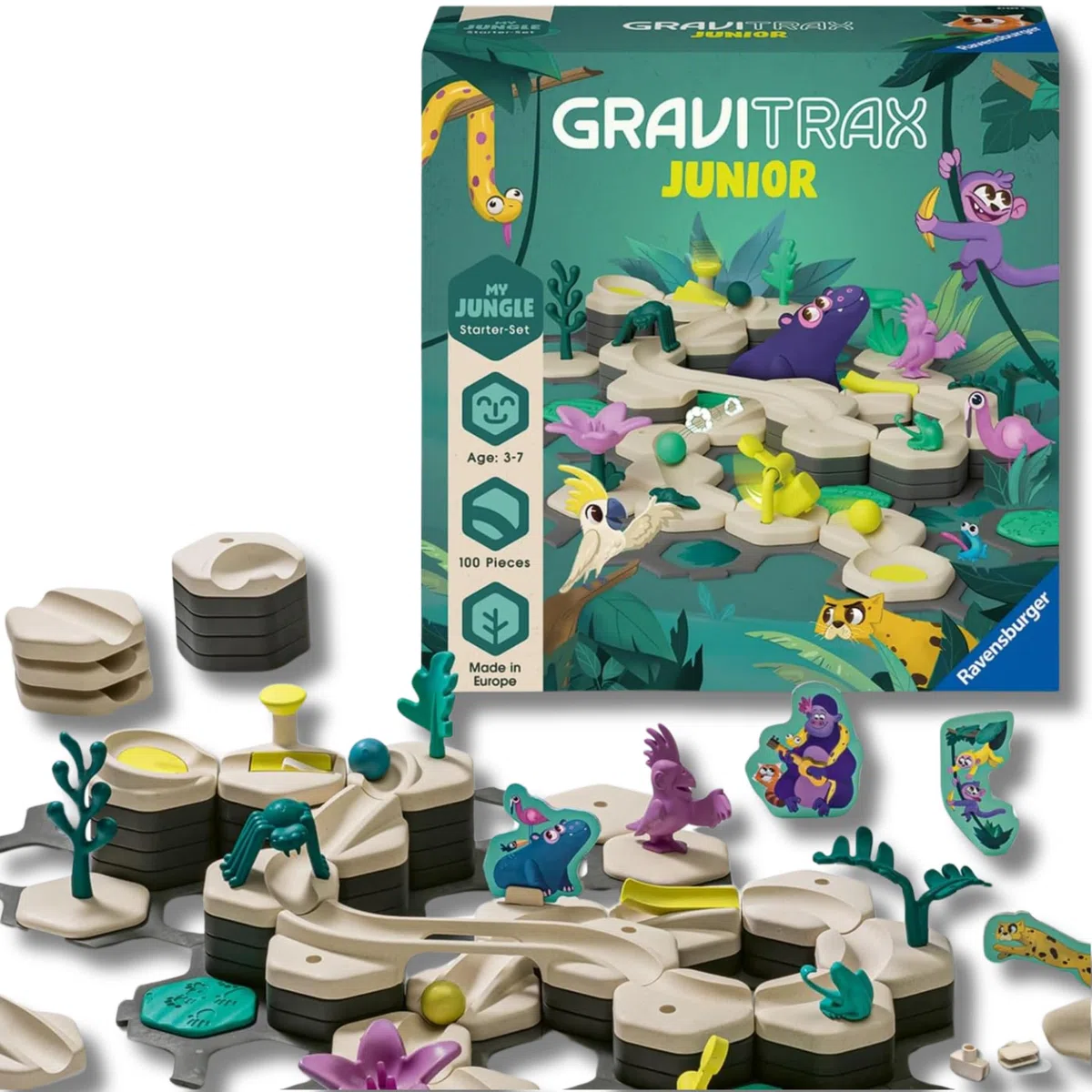 Ravensburger - GraviTrax Junior My Jungle Starter-Set, Pista biglie 100 pezzi, Rompicapo bambini, Giochi bambini 3 anni e più, Gioco Interattivo ed Educativo STEM, Compatibile con tutti i GraviTrax