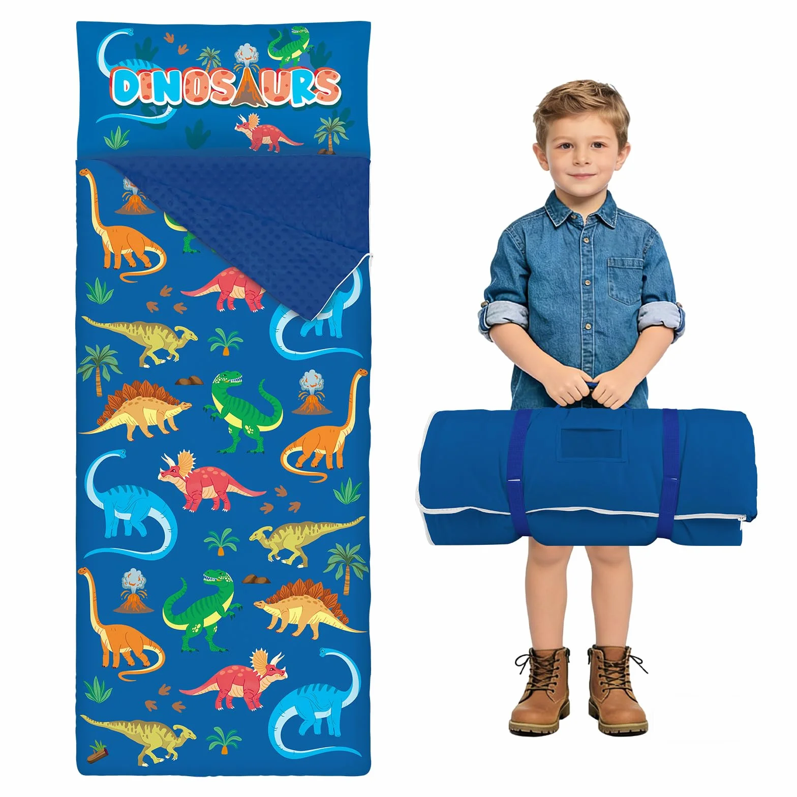 Sacco a Pelo per Bambini con Cuscino e Doppia Cerniera, 150x60 cm Nap Mat per Bambini, Ideale per Casa, Asilo, Scuola Materna e Campeggio